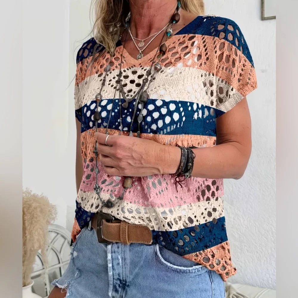 SALE, TODAY ONLY! PRICE FIRM! Boho Summer Open Knit Colorblock Sweater - Picture 2 of 3